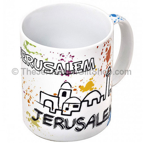Colorful Holy Land souvenir mug featuring a modern Jerusalem design. This original decoration includes black lines of Jerusalem's famous walls in silhouette and the Montefiore Windmill with Jerusalem written on the handle. Over al #mug