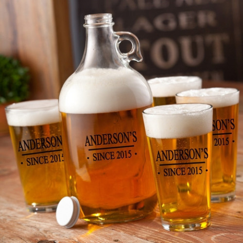 Features a Last Name or Text of Your Choice. Enjoy your personalized growler and pint glasses at your home bar with friends and family. This durable glass growler set features your family name and year since it has been established in your choice of 4 ink #mug
