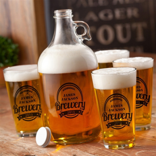 Make your home bar a neighborhood brewery with this Personalized Brewery Growler Set. Glasses and growler which are printed by hand features a classic brewery design in your choice of 4 ink colors. Add first and last name or other text of your choice alo #mug