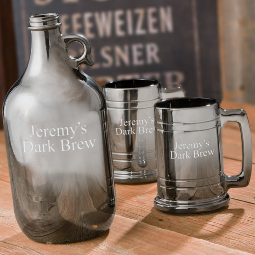 Hand dipped in real gun metal. This gunmetal beer growler set makes the perfect gift for a friend or loved one that loves the suds. They will be serving in style with this sleek looking personalized growler accompanied with two personalized beer steins. T #mug