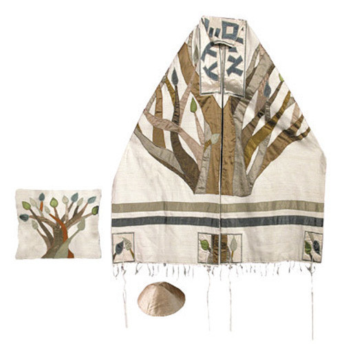 Absolutely stunning Emanuel tallit set with an embroidered Etz Chaim (Tree of Life) design. Handwoven raw silk.This tallit (Prayer shawl) comes with a matching bag and kippah.. The stripes, atarah (neckband), corners and tree motif are constructed of raw #silk