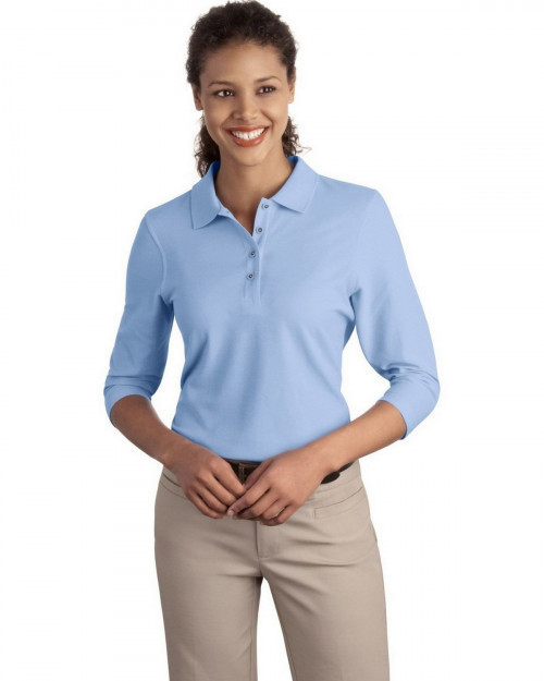 Port Authority L562 Women's Silk Touch 3/4-Sleeve Polo - Light Blue - XS #silk