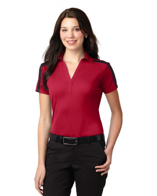 Port Authority L547 Women's Silk Touch Performance Colorblock Stripe Polo - Red/Black - XS #silk