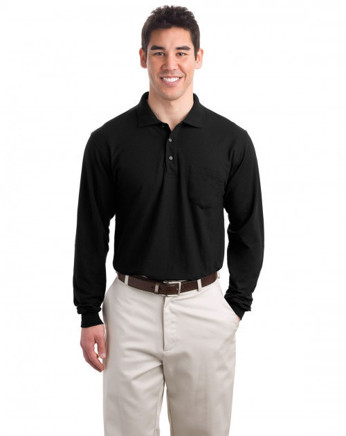 Port Authority K500LSP Men's Long Sleeve Silk Touch Polo with Pocket - Black - XS #silk