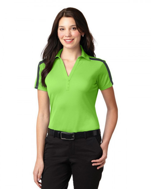 Port Authority L547 Women's Silk Touch Performance Colorblock Stripe Polo - Lime/Steel Grey - XS #silk