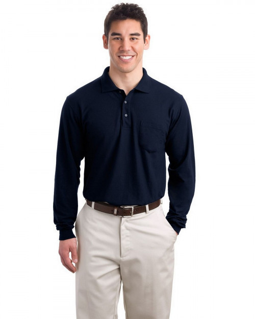 Port Authority K500LSP Men's Long Sleeve Silk Touch Polo with Pocket - Navy - XS #silk