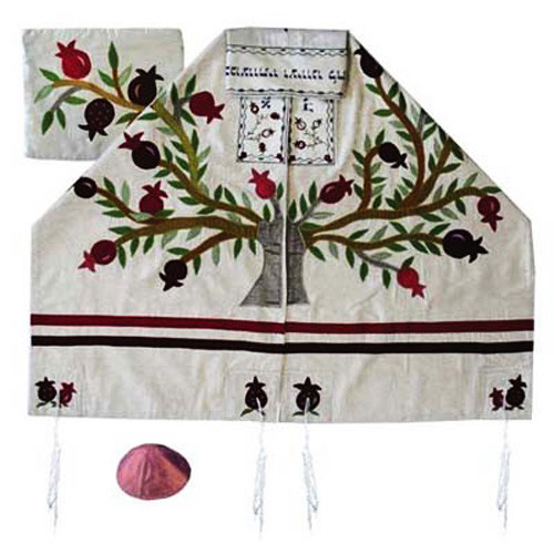 Absolutely stunning Emanuel tallit (prayer shawl) set with an embroidered Etz Chaim (Tree of Life) featuring a pomegranate design. Handwoven raw silk.This tallit (Prayer shawl) comes with a matching bag and kippah.. The stripes, atarah (neckband), corners #silk