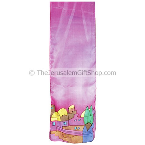 Silk Scarf with hand painted Jerusalem design from the studios of Israeli artist Yair Emanuel. Made in Jerusalem.Size: 63 x 7 inches. The fabric undergoes a fixation process to keep the scarfs colors separate and bright for many years of wear. Shipped dir #silk