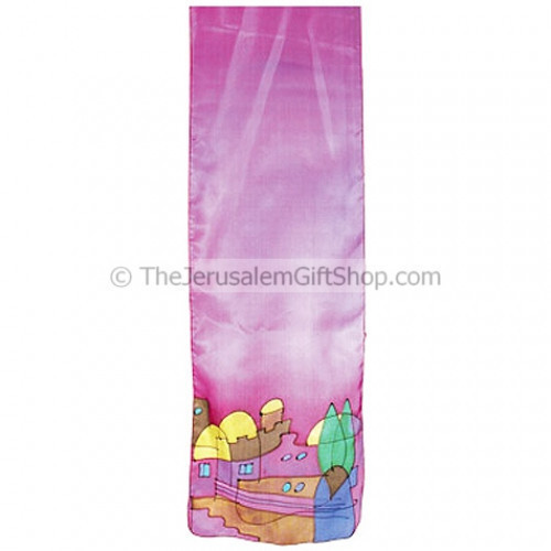 Silk Scarf with hand painted Jerusalem design from the studios of Israeli artist Yair Emanuel. Made in Jerusalem.Size: 63 x 7 inches. The fabric undergoes a fixation process to keep the scarfs colors separate and bright for many years of wear. Shipped dir #silk