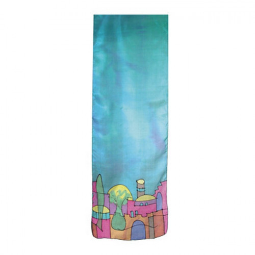 Beautiful woman's 100% pure silk scarves with biblical themes direct from the Holy Land. This turquoise scarf with hand painted 'Old City Jerusalem' design is a creation of world renowned Israeli artist Yair Emanuel. If I forget you, O Jerusalem, Let my r #silk