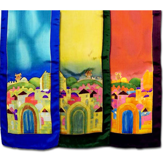 Painted Silk Scarf from the Holy Land of Israel The Jerusalem motifs are hand-painted on silk with unique colors using a brush. The fabric undergoes a fixation process to make it color-fast. Size: 60 inch X 12 inch Beautiful christian gift for any lover o #silk