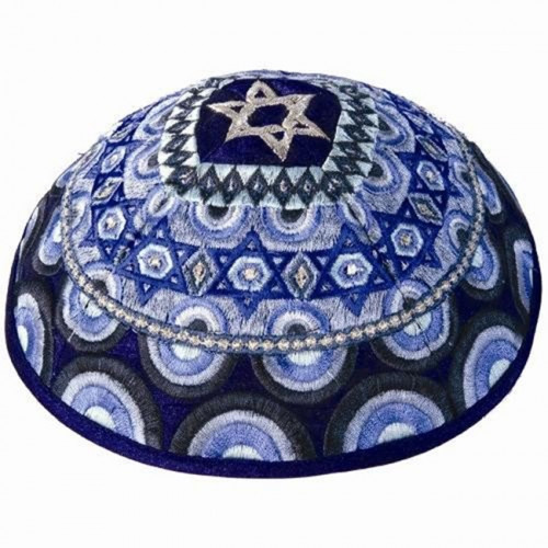 Dazzling design from renowned Israeli artist Yair Emanuel - Beautiful 'Star of David' Kippa / Yarmulke featuring bold blue colors. Israeli Made.Diameter: 19 cm/ 7.4 .Raw Silk on cotton.Color: Blue. Kippah shipped to you direct from the Holy Land. Yair Ema #silk