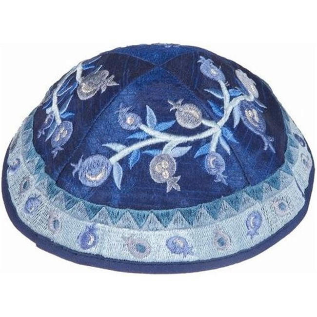 Beautifully biblical artistic design from renowned Israeli artist Yair Emanuel - Embroidered silk featuring pomegranates on shades of blue base have gone into this unique kippa / Yarmulke. Israeli design.Diameter: 19 cm / 7.4 Raw Silk on cotton. A bell an #silk