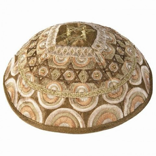 Stunning design from renowned Israeli artist Yair Emanuel - Beautifully embroidered 'Star of David' Kippa / Yarmulke featuring dazzling gold colors. Israeli Made.Diameter: 19 cm/ 7.4 .Raw Silk on cotton.Color: Gold. Kippah shipped to you direct from the H #silk