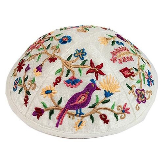 Beautifully biblical artistic design from renowned Israeli artist Yair Emanuel - Embroidered silk featuring birds perched in pomegranate tress and flowers have gone into this unique kippa / Yarmulke. Israeli design.Diameter: 19 cm / 7.4 Raw Silk on cotton #silk