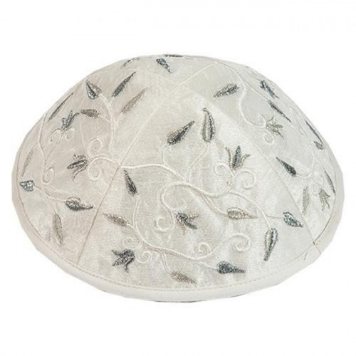 Stunning design from renowned Israeli artist Yair Emanuel - Beautifully embroidered nature 'Budding Stems' Kippa / Yarmulke featuring dazzling silver colors. Israeli Made.Diameter: 19 cm/ 7.4 .Raw Silk on cotton.Color: Silver and White. Kippah shipped to #silk