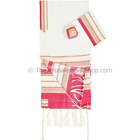 Beautiful Shades of Pink Silk Tallit Set for Women from Gabrieli weaving in Jerusalem. Hand woven silk talit set includes three matching pieces:TalitKippaBag Size: 19 x 80 inch Please note: These unique Tallit sets are hand-woven to order - please expect #silk