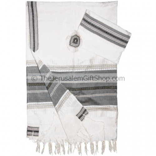 Beautifully made Gabrieli Silk Tallit set with Grey stripes and gold thread woven onto white silk Set includes three matching pieces:Talit.Kippa.Matching Bag. Size: 20 x 80 inch made from pure silk of the highest quality Note: These unique Tallit sets are #silk