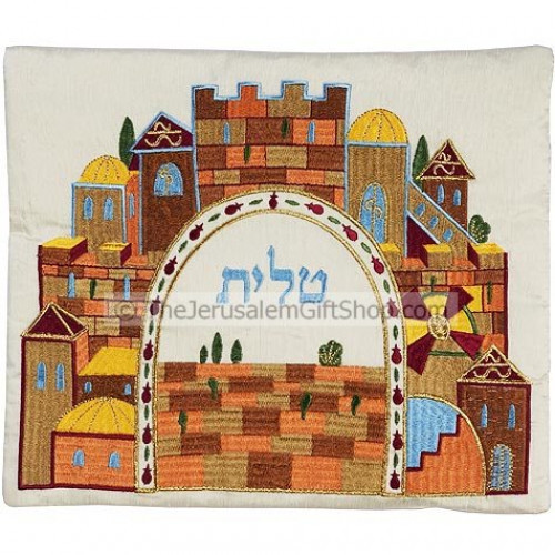 Beautifully embroidered in raw silk Tallit bag depicting colorful Jerusalem scene and Tallit written in Hebrew. Size: 14 x 11 inches. Made in Israel by Yair Emanuel. Shipped to you direct from the Holy Land. #silk