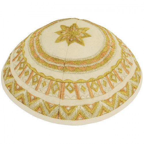 Dazzling design from renowned Israeli designer Yair Emanuel - Beautiful Gold Silk Thread Pattern Kippa / Yarmulke. Israeli Made.Size: 6 inch / 15 cm diameter approx.Silk threads on cotton. Kippah shipped to you direct from the Holy Land. #silk