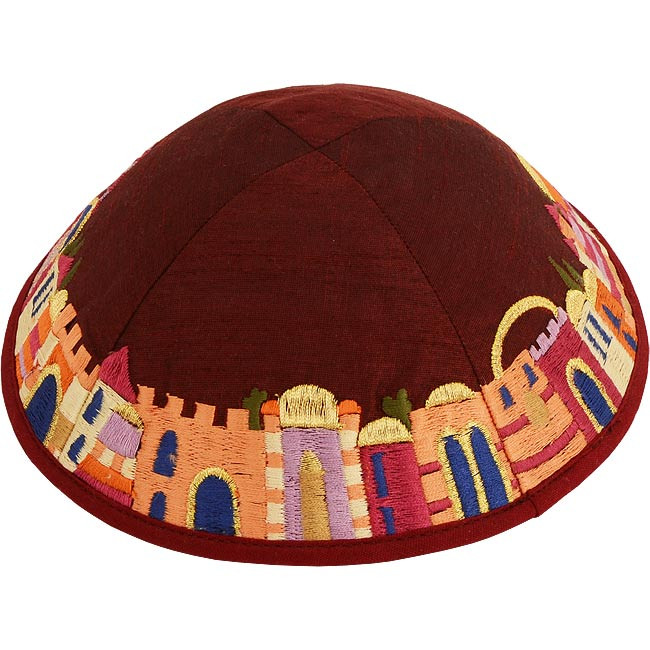 Dazzling design from renowned Israeli designer Yair Emanuel - Beautiful silk thread on wine color Kippa / Yarmulke featuring Jerusalem scenes. Israeli Made.Size: 6 inch / 15 cm diameter approx.Silk threads on cotton. Kippah shipped to you direct from the #silk