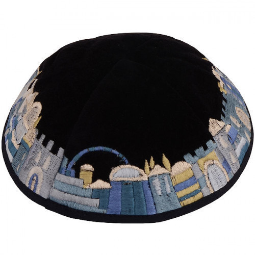 Dazzling design from renowned Israeli designer Yair Emanuel - Beautiful tones of blue silk thread velvet Kippa / Yarmulke featuring Jerusalem scenes. Israeli Made.Size: 6 inch / 15 cm diameter approx.Silk threads on cotton. Kippah shipped to you direct fr #silk