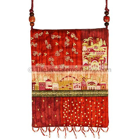 Beautifully designed women's silk patchwork bag by renowned Israeli artist Yair Emanuel featuring Jerusalem scene with the Montefiore Windmill. Size: 10 X 8 inches / 25 x 20cm.Color: Shades of red. This Women's bag can be used as a purse, a book bag #silk