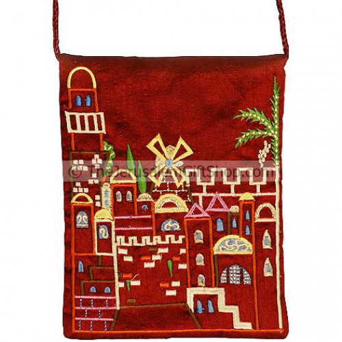 Raw Silk Embroidered Burgundy Bag featuring a Jerusalem cityscape. Size: : 8 x 6 inches / 20 x 15cm. From Yair Emanuel's studio in Jerusalem. Shipped to you direct from the Holy Land. #silk