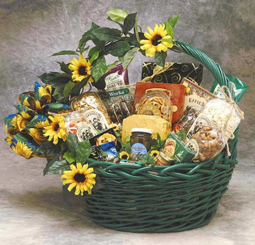 Brighten someone's day with this cheerful gift basket! The Sunflower Treats gift basket expresses your sentiments in a bright and sunny way. Add some sunshine to anyone's day with the assorted gourmet food items in this elegant basket. This makes a great #gift