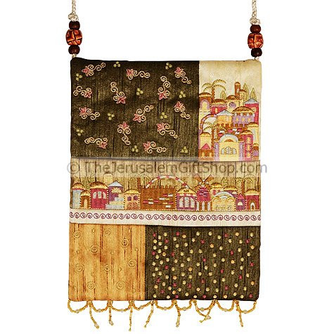 Beautifully designed women's silk patchwork bag by renowned Israeli artist Yair Emanuel featuring Jerusalem scene with the Montefiore Windmill. Size: 10 X 8 inches / 25 x 20cm.Color: Shades of gold. This Women's bag can be used as a purse, a book bag #silk