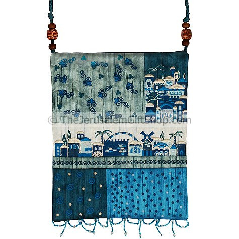 Beautifully designed women's silk patchwork bag by renowned Israeli artist Yair Emanuel featuring Jerusalem scene with the Montefiore Windmill. Size: 10 X 8 inches / 25 x 20cm.Color: Shades of blue. This Women's bag can be used as a purse, a book bag #silk