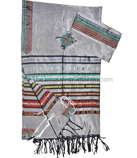 Bestseller! Gabrieli Silk Tallit set with colorful stripes on Grey from The Gabrieli studio in Jerusalem Set includes three matching pieces: Tallit.Kippa.Matching Bag. size: 20 x 80 inch made from pure silk of the highest qualitynote: these unique Tallit #silk