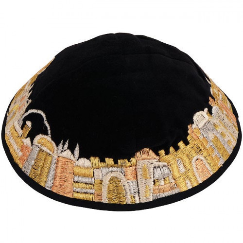 Dazzling design from renowned Israeli designer Yair Emanuel - Beautiful tones of gold silk thread velvet Kippa / Yarmulke featuring Jerusalem scenes. Israeli Made.Size: 6 inch / 15 cm diameter approx.Silk threads on cotton. Kippah shipped to you direct fr #silk