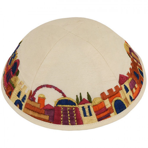 Dazzling design from renowned Israeli designer Yair Emanuel - Beautifully colored silk threads on an Off-White Cotton Kippa / Yarmulke featuring Jerusalem scenes. Israeli Made.Size: 6 inch / 15 cm diameter approx.Silk threads on cotton. Kippah shipped to #silk