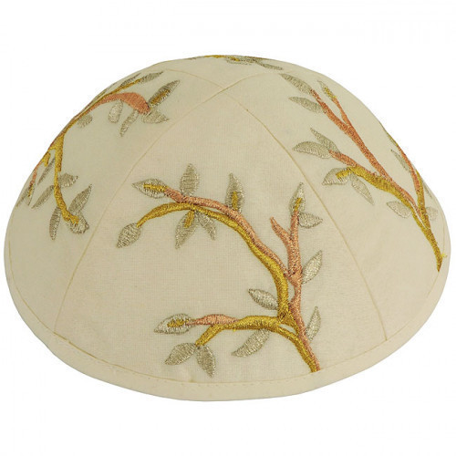 Dazzling design from renowned Israeli designer Yair Emanuel - Beautifully embroidered with gold and silver silk thread 'Tree of Life' design on a white cotton Kippa / Yarmulke. Israeli Made.Size: 6 inch / 15 cm diameter approx.Silk threads on cotton. Kipp #silk