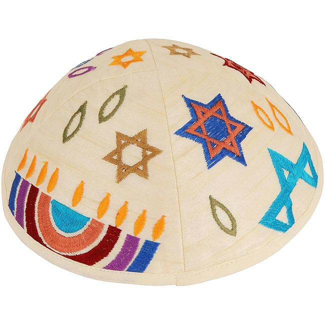Dazzling design from renowned Israeli designer Yair Emanuel - Beautifully colored silk threads on an Off-White Cotton Kippa / Yarmulke featuring the Star of David in various colors and a Menorah. Israeli Made.Size: 6 inch / 15 cm diameter approx.Silk thre #silk