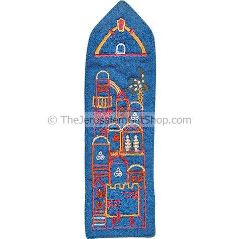 Upholstered in blue raw silk and embroidered with a beauitful multi-colored outline of the Holy city of Jerusalem this beautiful bookmark is the perfect way to keep your page in any book you read! Size: 8 inch approx #silk