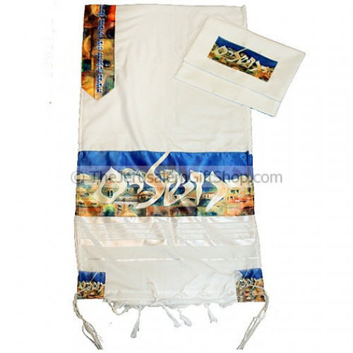 New design tallit from the Gabrieli studios in Jerusalem. Features a silk printed Jerusalem scene with Jerusalem written in Hebrew - by Israeli artist Victor Shrem. Comes with Talit bag. Size: 20 x 80 inch.Made from wool/acrylic mix.For Men or Women.Made #silk