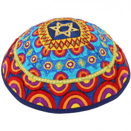Dazzling design from renowned Israeli designer Yair Emanuel - Beautiful 'Star of David' Kippa / Yarmulke featuring strong colors of the rainbow. Israeli Made.Size: 6 inch / 15 cm diameter approx.Silk threads on cotton. Kippah shipped to you direct from th #silk