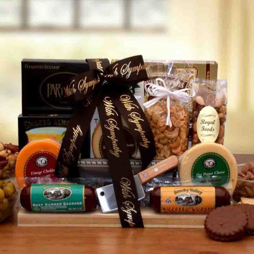 This tasteful sympathy gift includes sausages, cheeses, nuts, and more to show your support in a difficult time. #gift