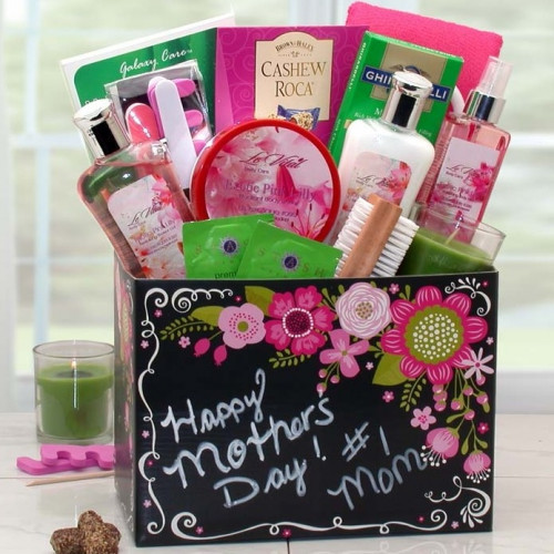 Elegant Gift Box with Mother's Day Theme. Mother's Day themed elegant gift box arrives packed with Exotic Lily body products including a fingernail bristle brush, pedicure gift set, aromatherapy glass poured candle, chocolates, aloe face peel mask, green #gift