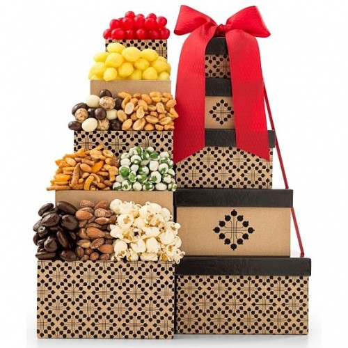 A shareable gift of snacks and treats. Definitively sweet, savory, crunchy and chewy, this collection of snacks and candies is a tour of tastes and textures in a tower of gift boxes. Any occasion will be made all the better by opening one box of delicious #gift