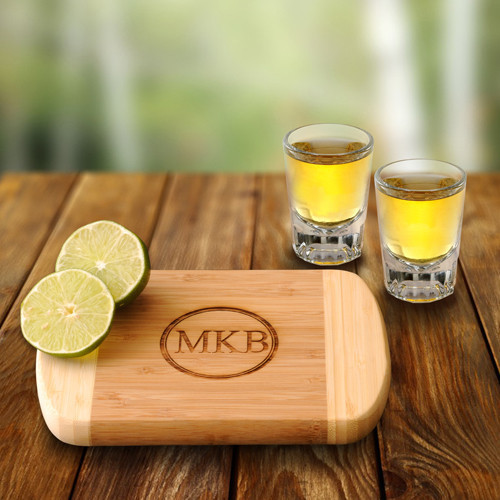 Protect kitchen surfaces from sharp blades and add some style to your decor with this Personalized Bamboo Bar Board. The sustainable, two-toned bamboo board is stylish and contemporary, with space in the center for your personalization. This bar board com #bar