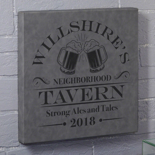Is your home known as the local watering hole where everyone comes to drink? Now you can make it official with this awesome custom canvas bar sign. Made of gray leatherette and laser engraved, this canvas comes personalized with your name, two lines of te #bar