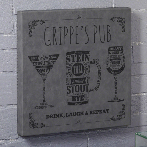 If your home bar is missing something, how about a cool piece of art? This custom bar sign is the perfect wall decor to complete your bar space. Made of gray leatherette and laser engraved with two lines of text, this sign is unique and customizable for a #bar