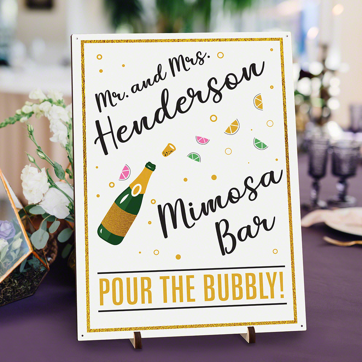 Why stop at champagne when you could add juice and make delicious mimosas to serve your wedding guests? This adorable personalized mimosa bar sign is the perfect piece of decor for your wedding reception. Your guests will love having fruity mimosas with y #bar