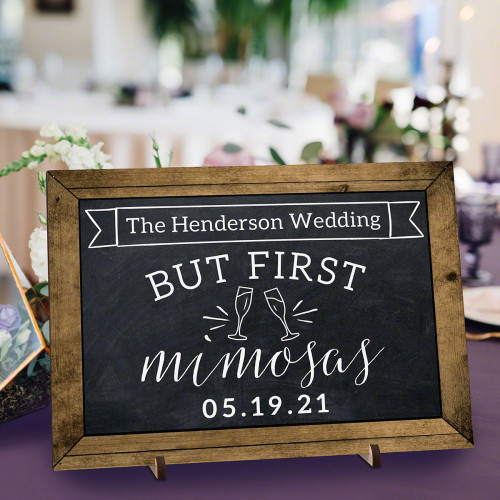 Champagne is traditionally served at weddings, but mimosas are becoming more popular. Our cute chalkboard-inspired custom mimosa bar sign is the perfect piece of decor for your wedding reception! Your guests will love being greeted by this adorable sign w #bar