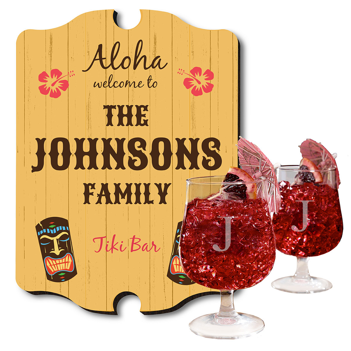 It's time to make some party punch, bring out the limbo stick, and get lei'd. Your next pool party is sure to be a hit, especially with our personalized Tiki Bar sign leading straight to the drinks. This set also includes two custom engraved cocktail glas #bar