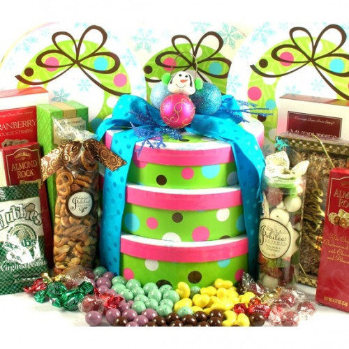 This colorful three box holiday gift tower boasts a beautiful wreath design and arrives with a snowman ornament, chocolates, candies, cookies and more. Receiving this festive Christmas gift tower will have them saying just how sweet it is to be loved by #gift