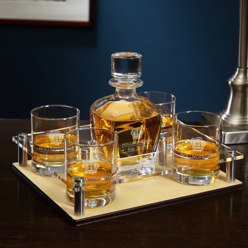 Whatever happened to those incredible nights, when friends would come together and solve the world's problems over a glass of bourbon? Relive those magical times with our custom etched Wax Seal decanter set and bar serving tray. Featuring our best-selling #bar